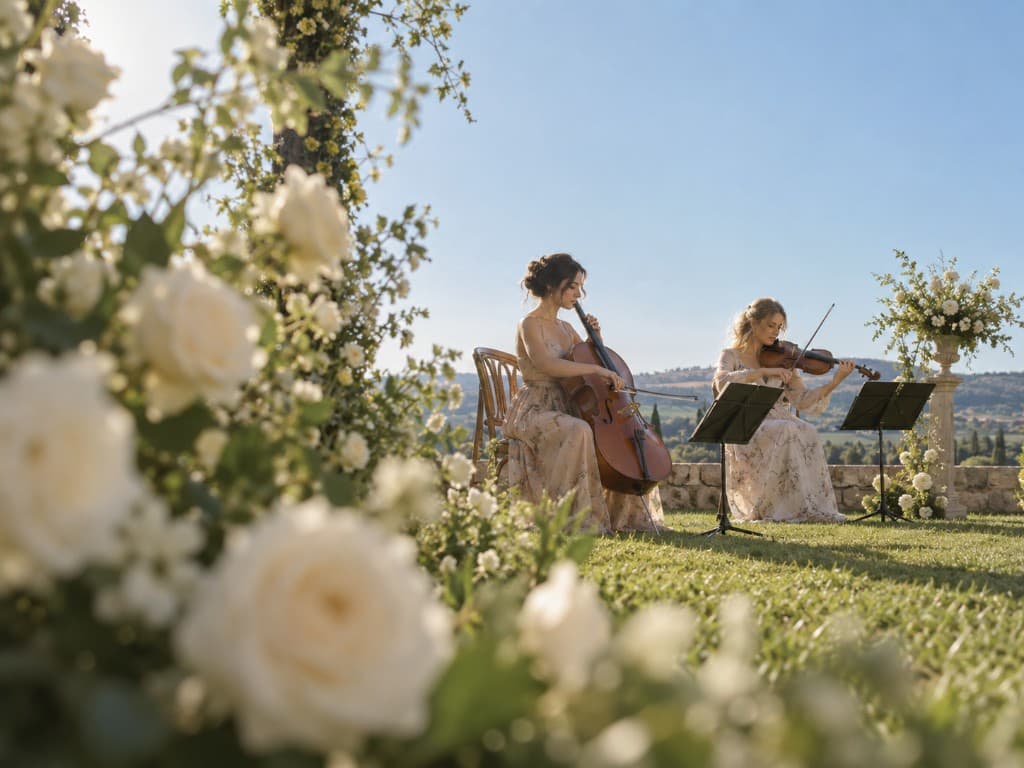 A cellist and violinist performing at an outdoor garden ceremony.